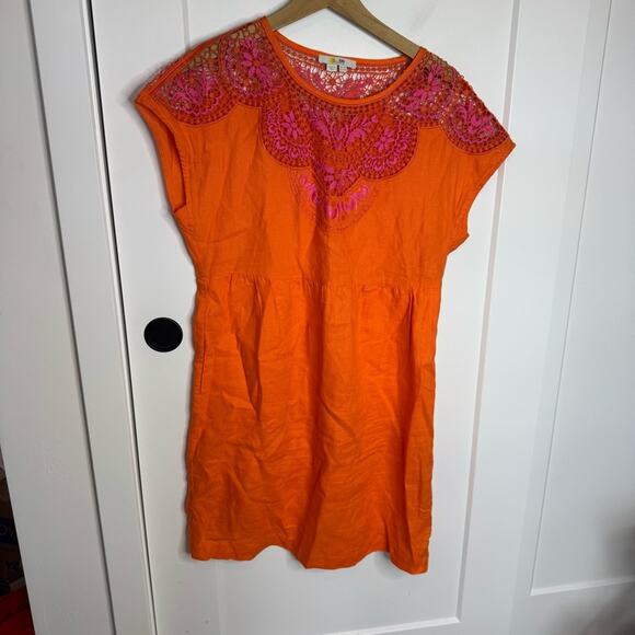 Boden Fleur Orange Pink 100% Linen Pockets Mini Dress Sundress Size 10 - Picture 2 of 7
